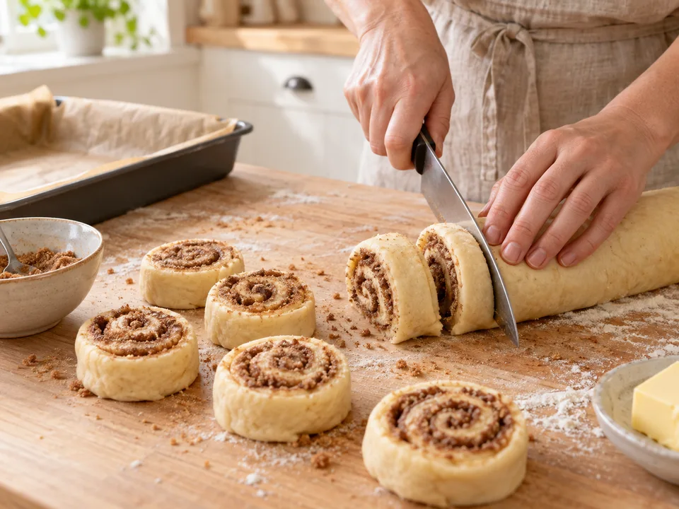 Die gefüllte Teigplatte von der langen Seite aufrollen und in zwölf gleich große Schnecken teilen.