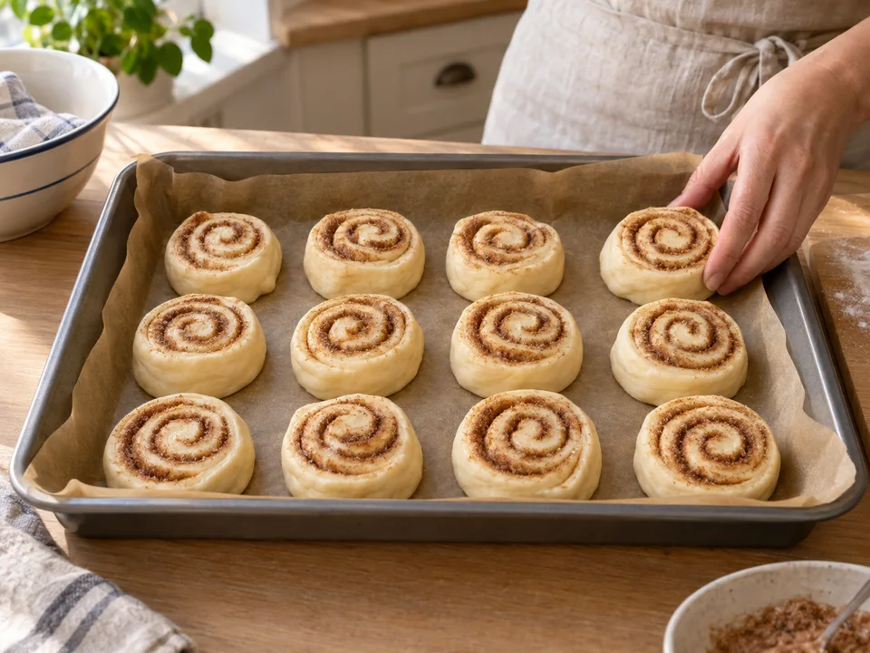Zwölf rohe Schnecken mit etwas Abstand in die ausgelegte Form setzen und nochmals gehen lassen.