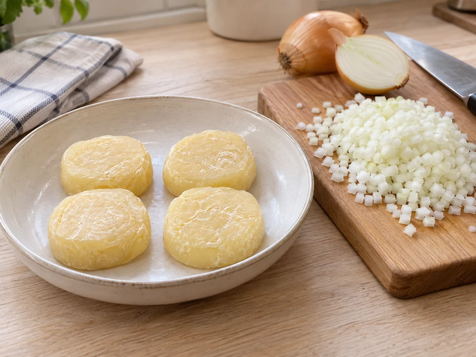 Handkäse auslegen und Zwiebel fein würfeln.