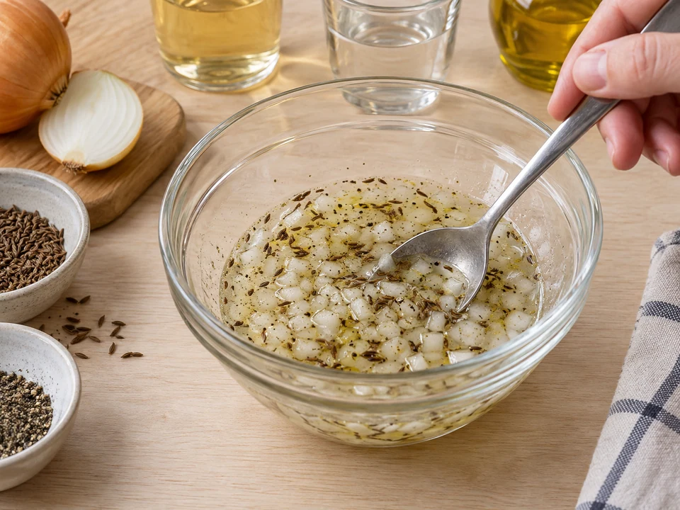 Zwiebeln und Kümmel in die Marinade geben.