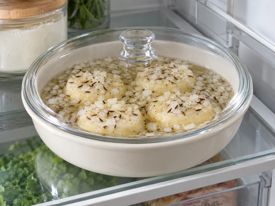 Handkäse abgedeckt in der Marinade ziehen lassen.