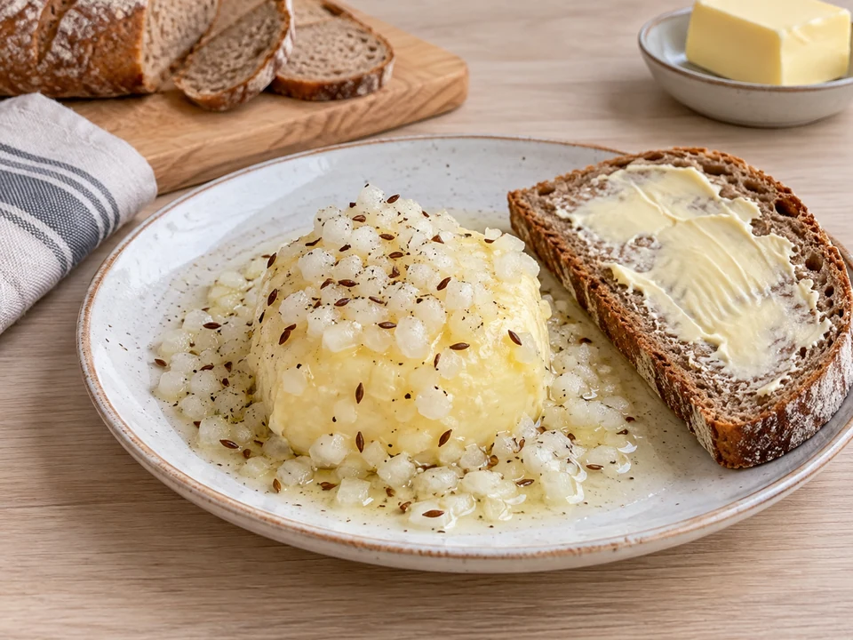 Handkäse mit Marinade und Butterbrot servieren.