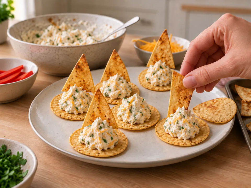 Eine Tortillaspitze mit der breiten Kante in einen hohen Frischkäseklecks auf dem runden Chip stecken.