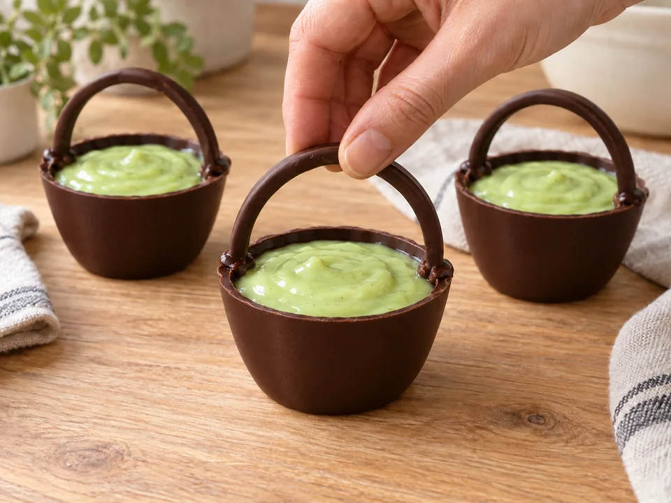 Kalten grünen Pudding einfüllen und die festen Schokohenkel mit kleinen Glasurpunkten befestigen.