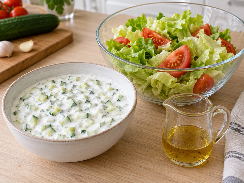 Gurkenjoghurt rühren und Salatzutaten bereitlegen.