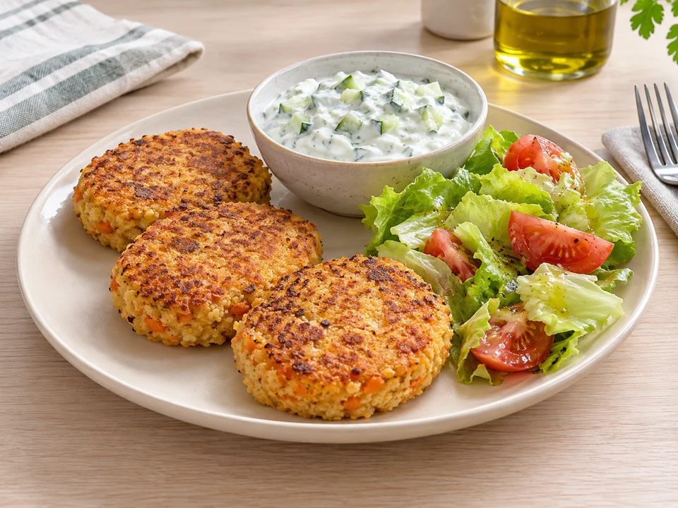 Drei Bratlinge mit Gurkenjoghurt und Salat anrichten.