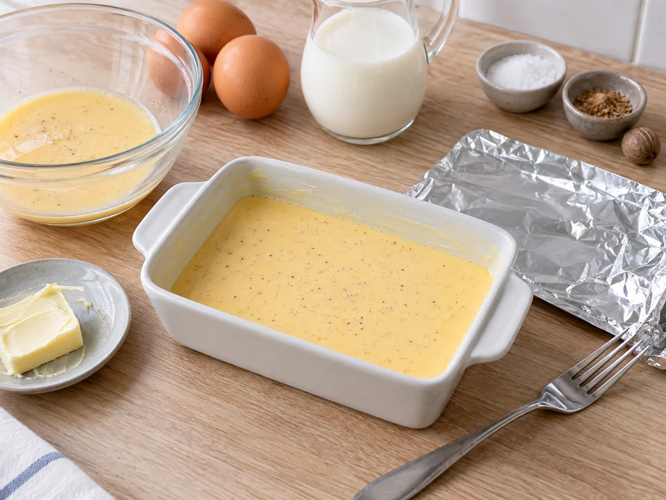 Eiermilch ohne Schaum verrühren und in eine kleine Form füllen.