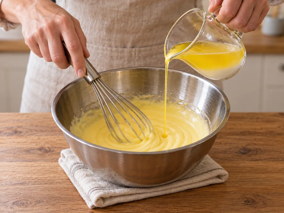 Die Schüssel vom Wasserbad nehmen und die warme Butter erst portionsweise, dann in einem dünnen Strahl kräftig unterschlagen.