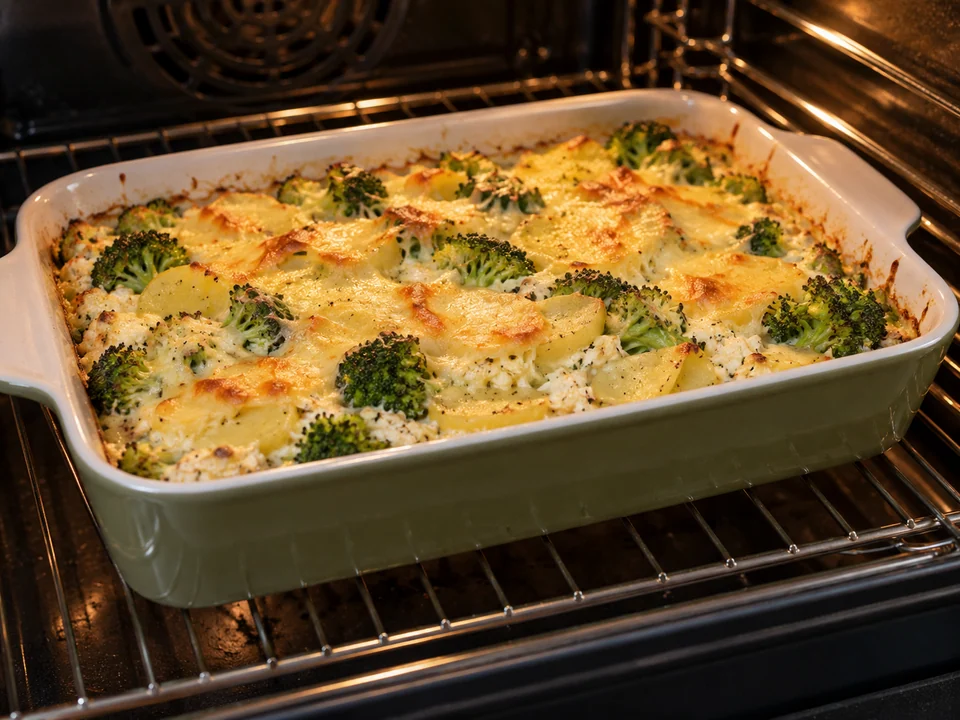 Den Auflauf mit goldener Käseoberfläche im Ofen backen.