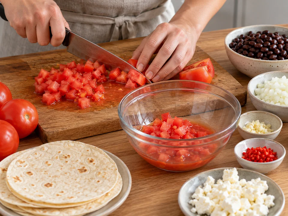 Tomaten schneiden, ihren Saft auffangen und vorbereitete Zutaten separat bereithalten.