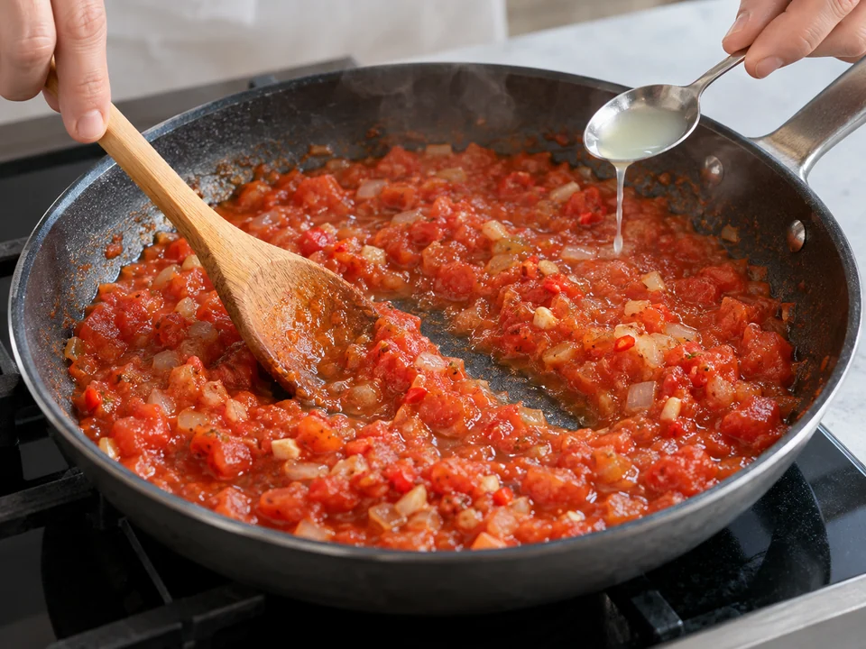 Stückige Tomatensalsa einköcheln und am Ende Limettensaft zugeben.