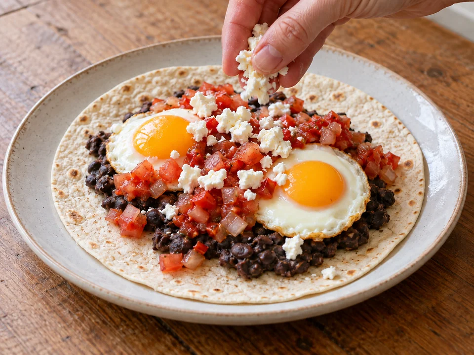 Eine offene Weizentortilla mit Bohnen, Eiern, Salsa und Feta fertig anrichten.