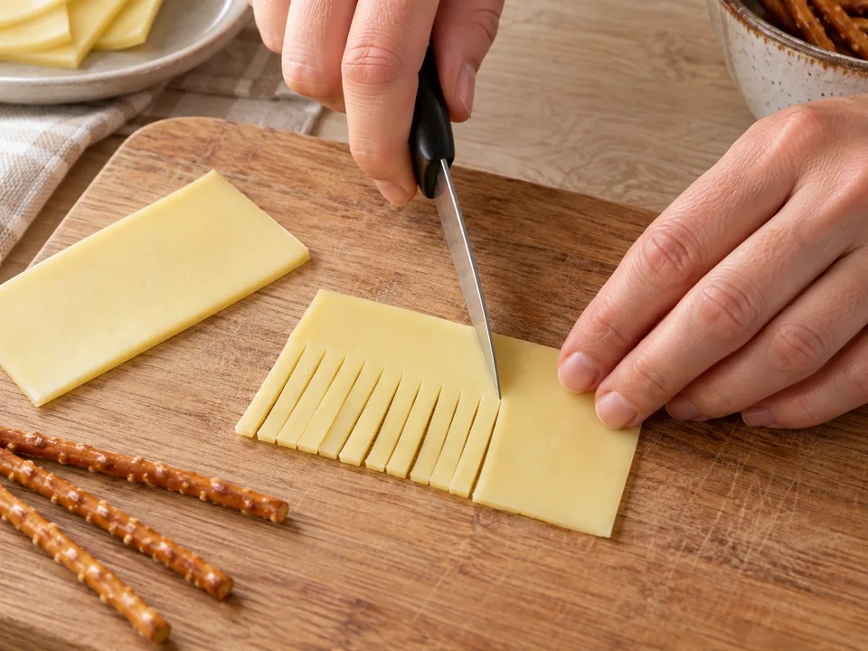 Den Käse entlang einer langen Seite fein einschneiden und oben einen etwa 1,5 cm breiten Rand stehen lassen.