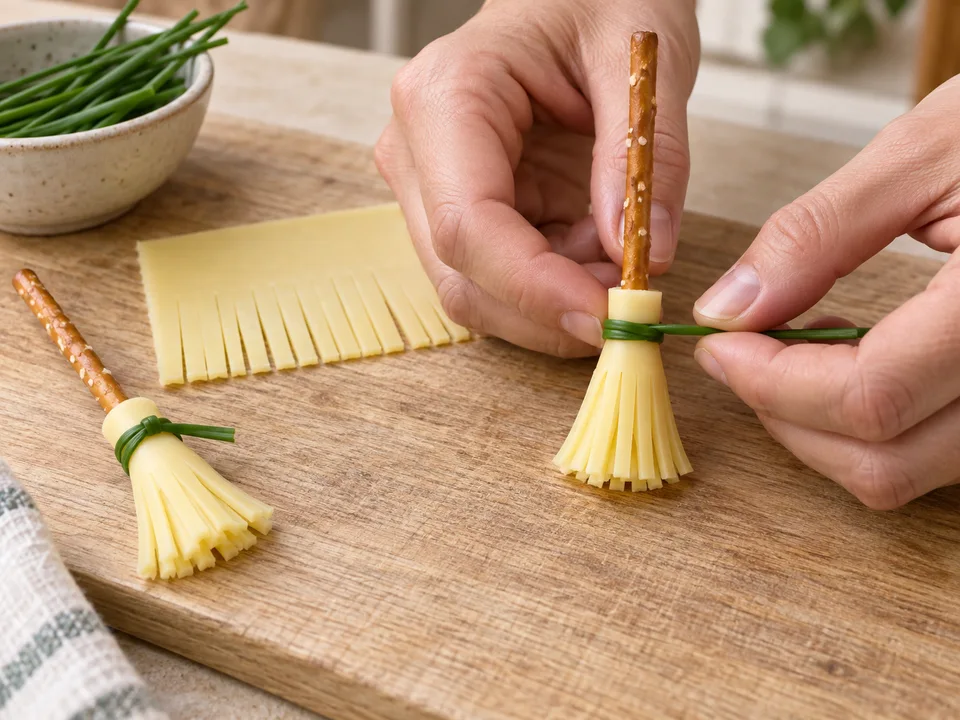 Den Käse um das Ende einer Salzstange rollen und am ungeschnittenen Rand mit einem Schnittlauchhalm verknoten.