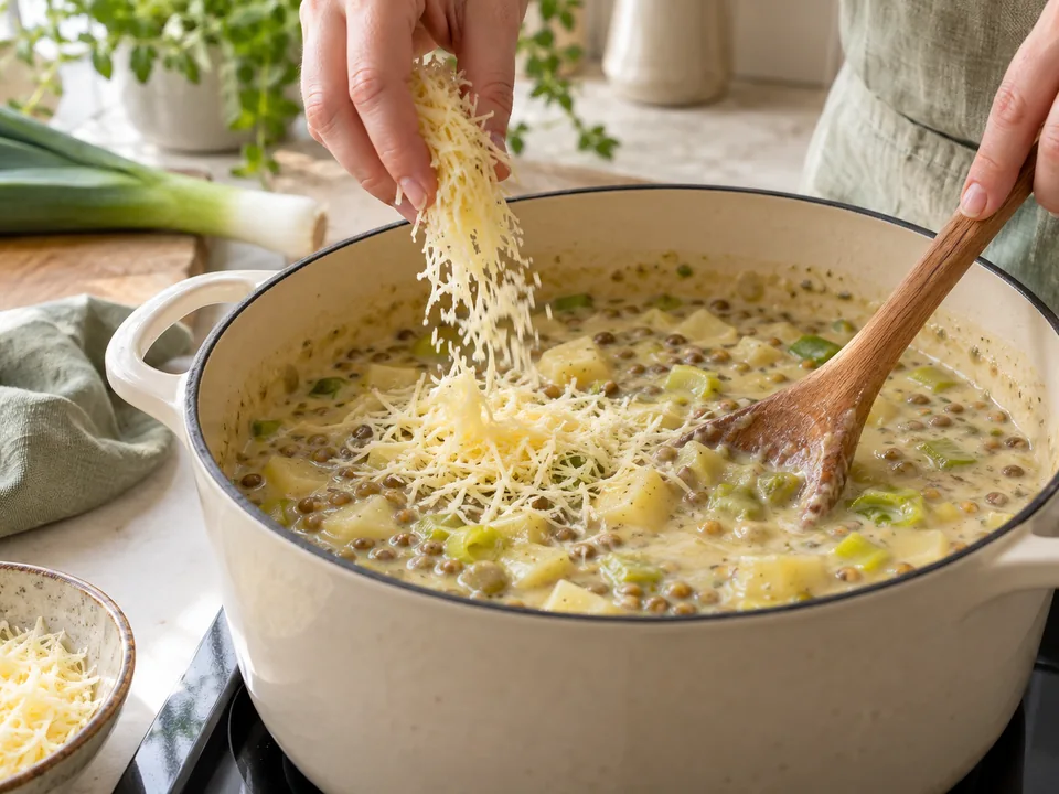 Den geriebenen Käse bei kleiner Hitze einrühren; die Suppe anschließend nicht sprudelnd kochen.