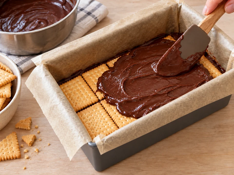 Butterkekse und Schokoladenmasse abwechselnd einschichten.