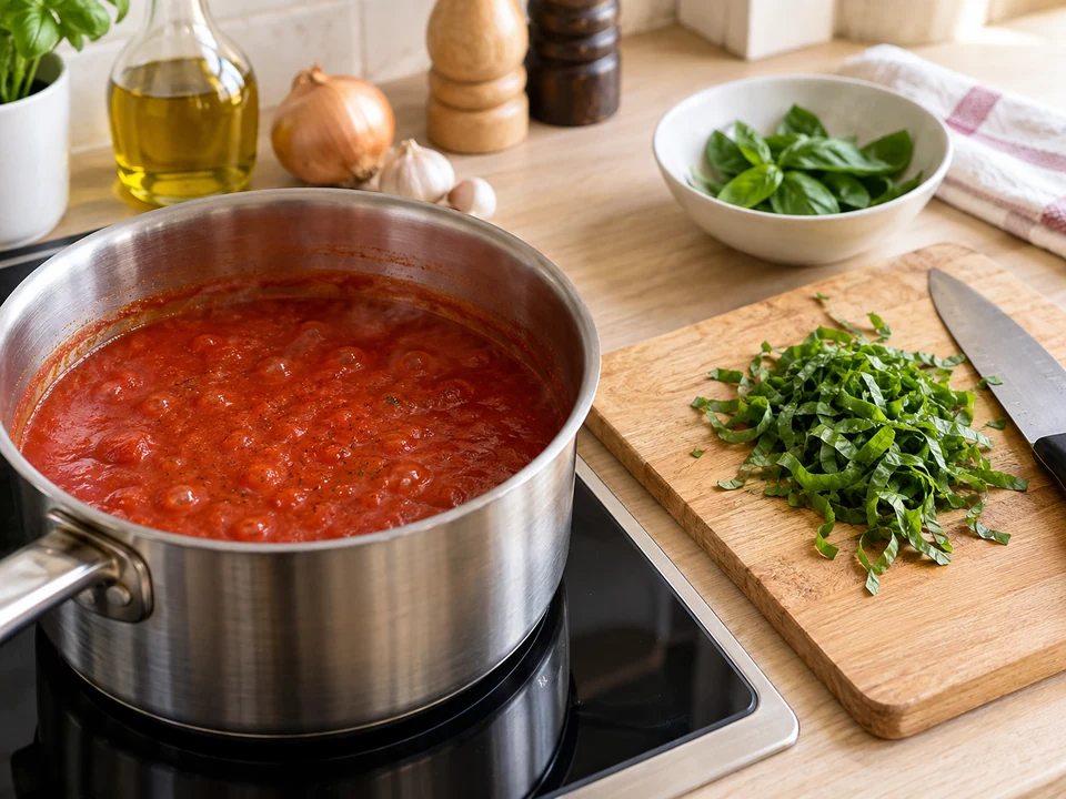 Eine einfache Tomatensauce sanft köcheln lassen