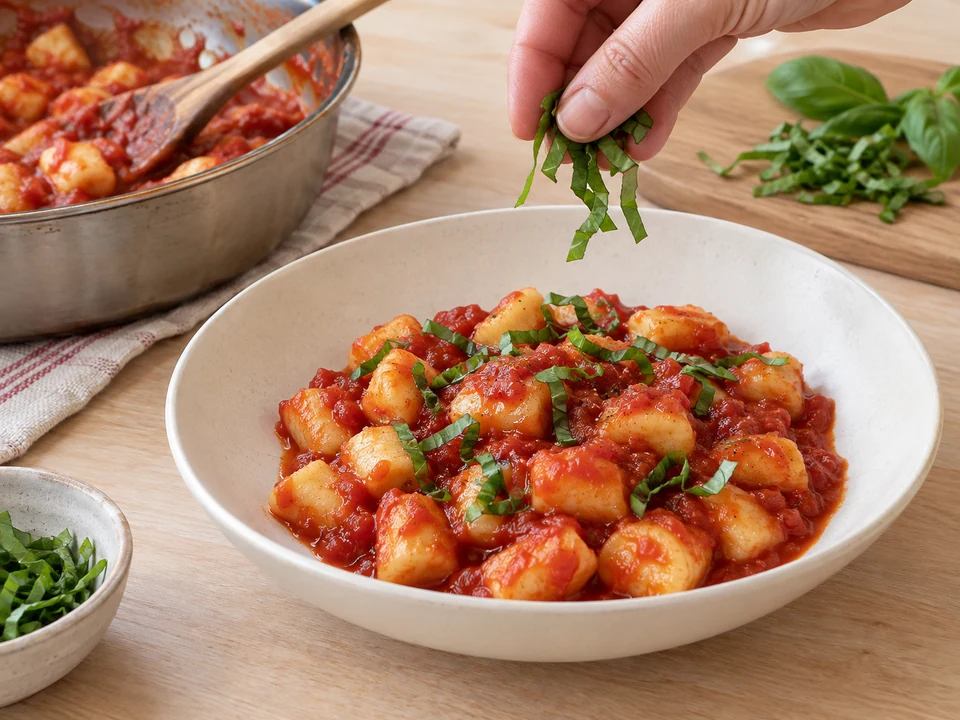 Gnocchi mit Tomatensauce und Basilikum anrichten