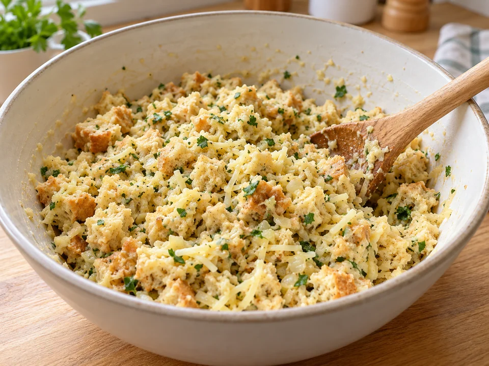 Zwiebel weich dünsten und Masse mischen
