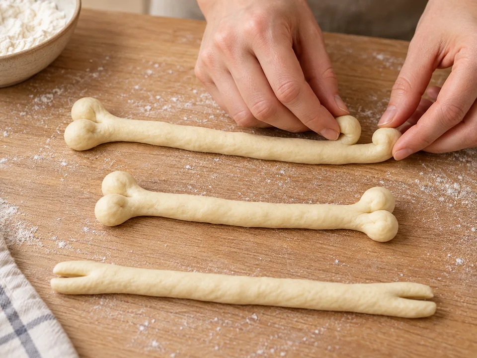 Die Enden jeder Teigrolle einschneiden und die entstandenen Zipfel zu kleinen Knochenknubbeln einrollen.