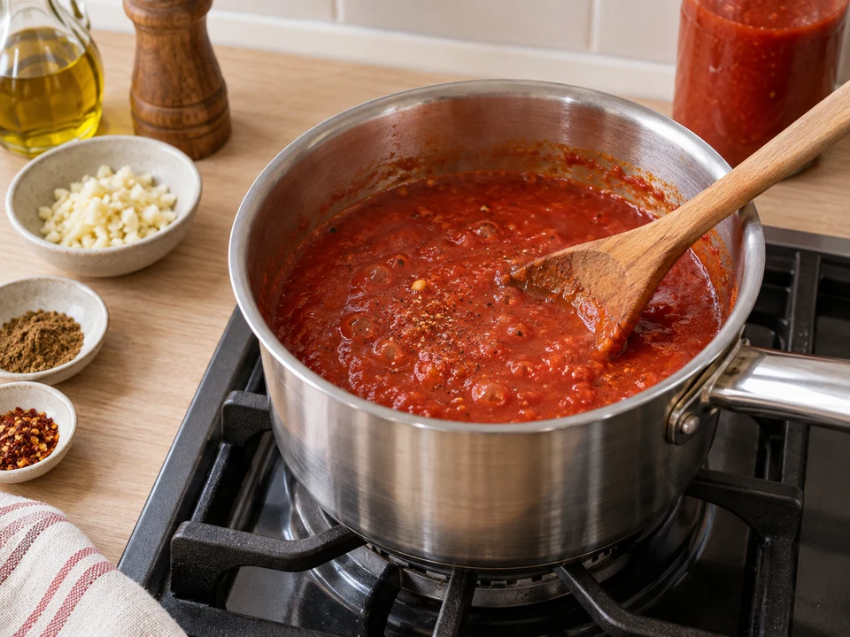 Die würzige Tomatensauce sämig einkochen