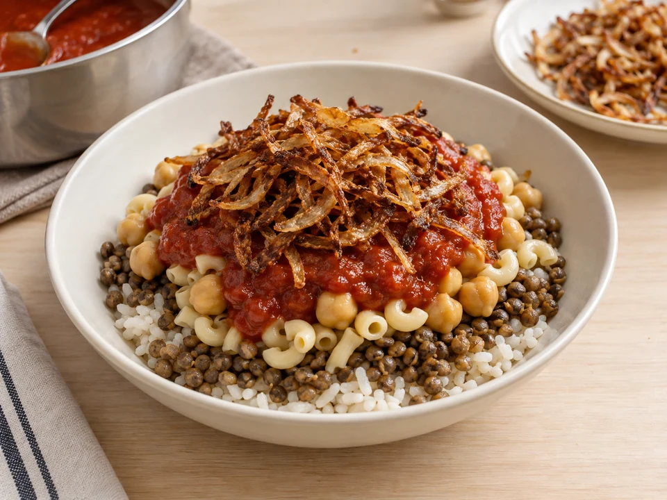 Koshari schichten und mit Zwiebeln abschließen