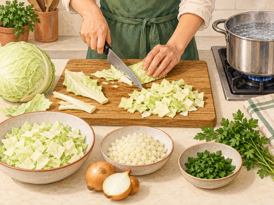 Weißkohl und Zwiebeln klein schneiden.