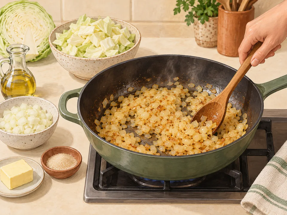 Die Zwiebeln mit Zucker in der Pfanne anbraten.