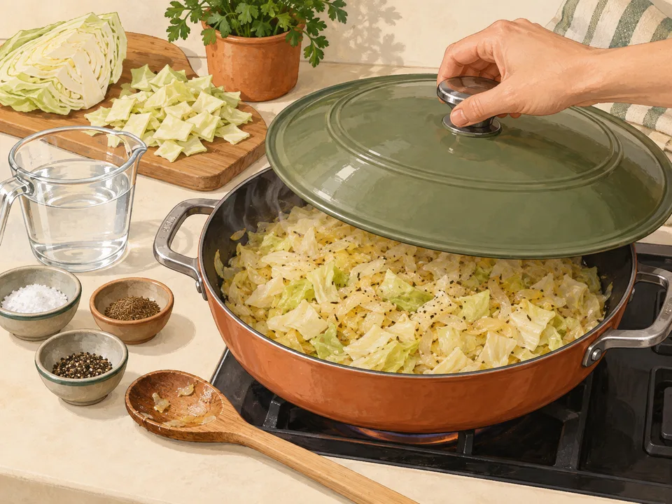 Den Kohl in der Pfanne zugedeckt garen.