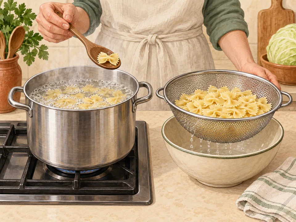 Farfalle im Topf kochen und abgießen.