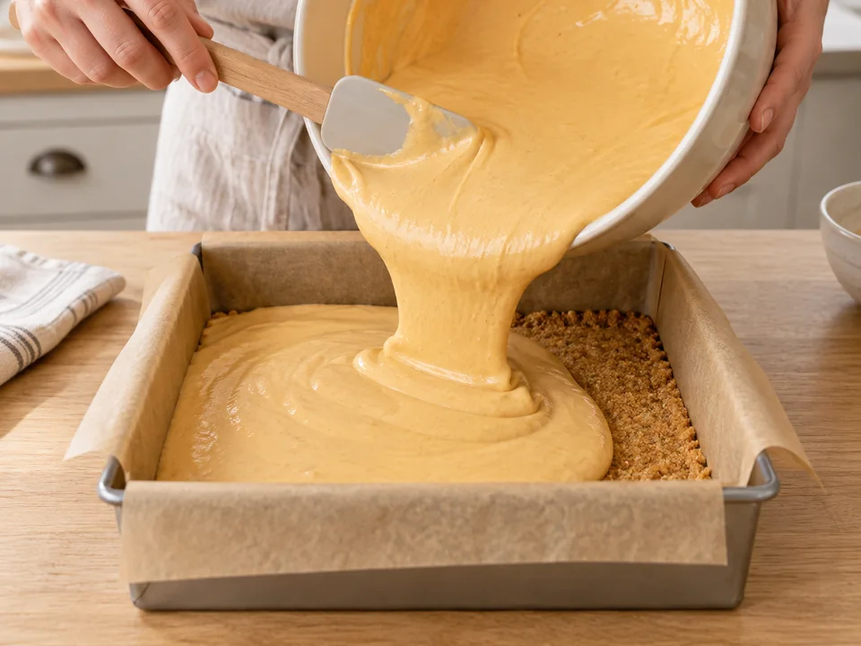 Die nur kurz verrührte Kürbis-Frischkäse-Masse gleichmäßig auf den vorgebackenen Keksboden gießen.