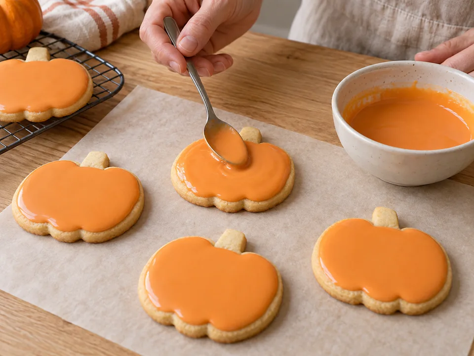 Die Kürbisflächen dünn mit der fließfähigen orangefarbenen Glasur bestreichen; die Stiele zunächst frei lassen.