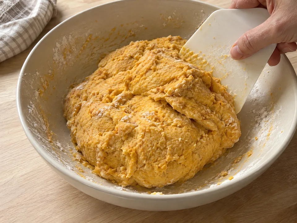 Kartoffeln, Kürbispüree und Mehl nur kurz zu einem weichen, formbaren Teig vermengen.