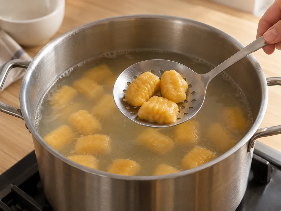 Gnocchi portionsweise nur leicht sieden lassen und nach dem Aufschwimmen noch kurz ziehen lassen.