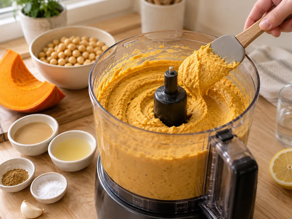Den Hummus glatt pürieren und Wasser nur nach Bedarf zugeben, damit er streichfähig bleibt.