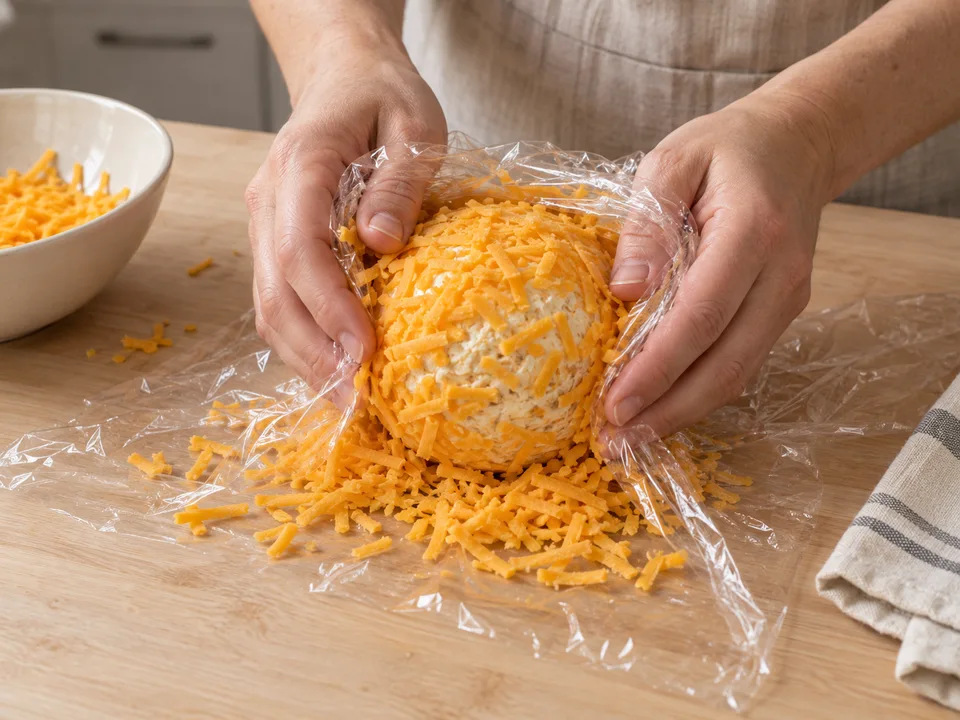 Den geriebenen Cheddar mithilfe der Folie rundherum an die Käsekugel drücken.