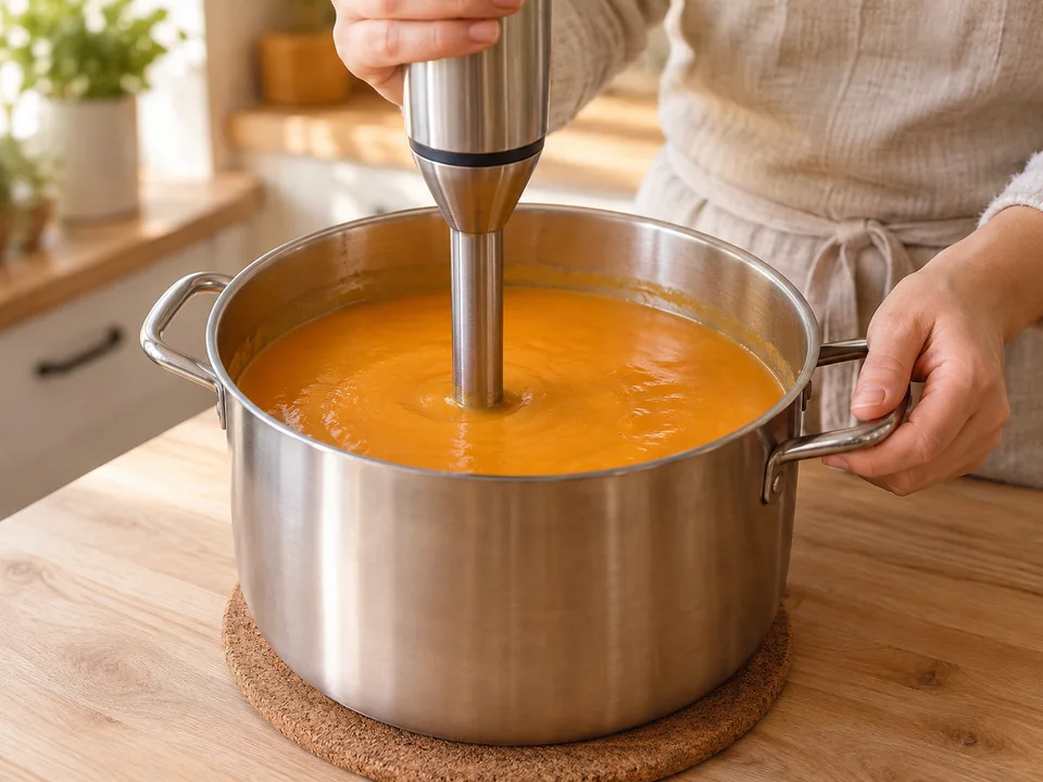 Den Topf vom Herd nehmen und die weich gekochte Suppe mit untergetauchtem Mixkopf glatt pürieren.