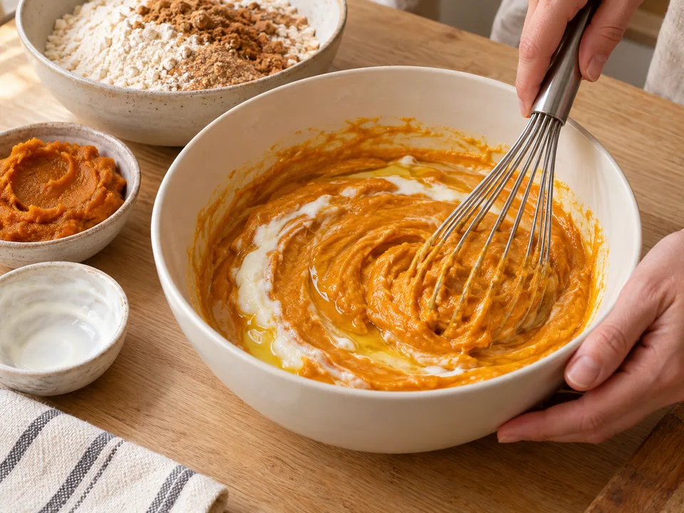 Eier, Öl, abgekühltes dickes Kürbispüree und Joghurt in einer zweiten Schüssel glatt verrühren.