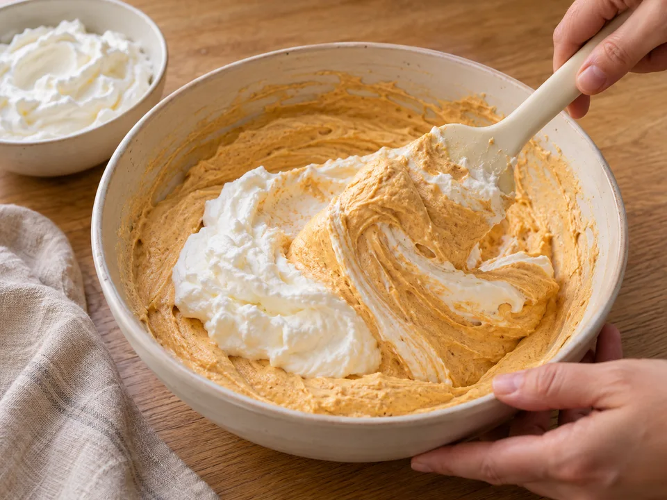 Die steif geschlagene Sahne mit einem Teigschaber vorsichtig unter die glatte, kalte Kürbiscreme heben.