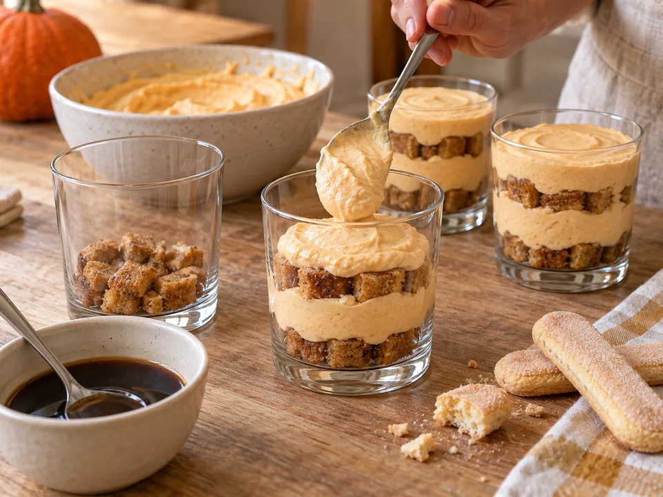 Kaffeebeträufelte Biskuitstücke und Kürbiscreme abwechselnd in die Gläser geben; mit einer zweiten Cremeschicht abschließen.