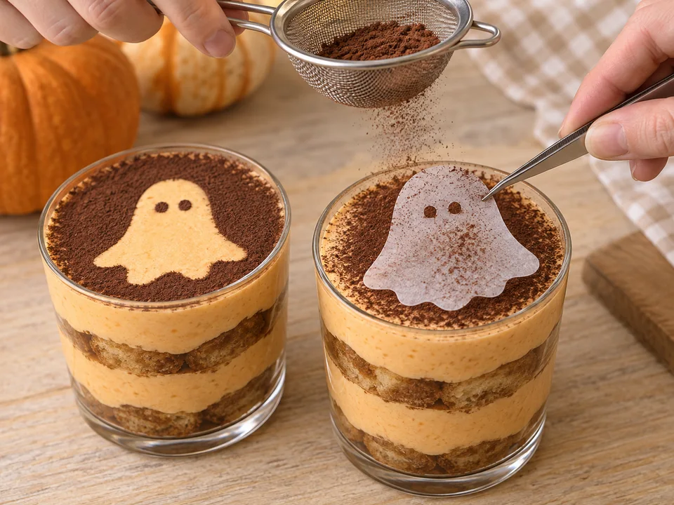 Die Geisterschablone mit Augenlöchern knapp über die Creme halten und Kakao rundherum sowie durch die Löcher sieben.