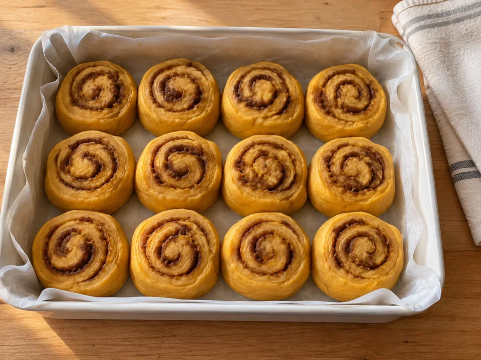 Zwölf rohe Schnecken mit Abstand in die Form setzen und vor dem Backen nochmals aufgehen lassen.