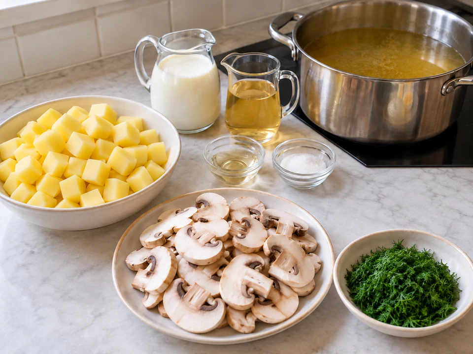 Kartoffeln, Pilze und Dill vorbereiten