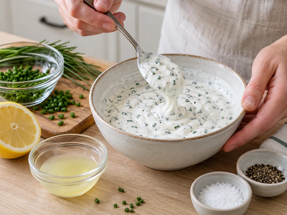 Joghurtsauce mit Schnittlauch anrühren
