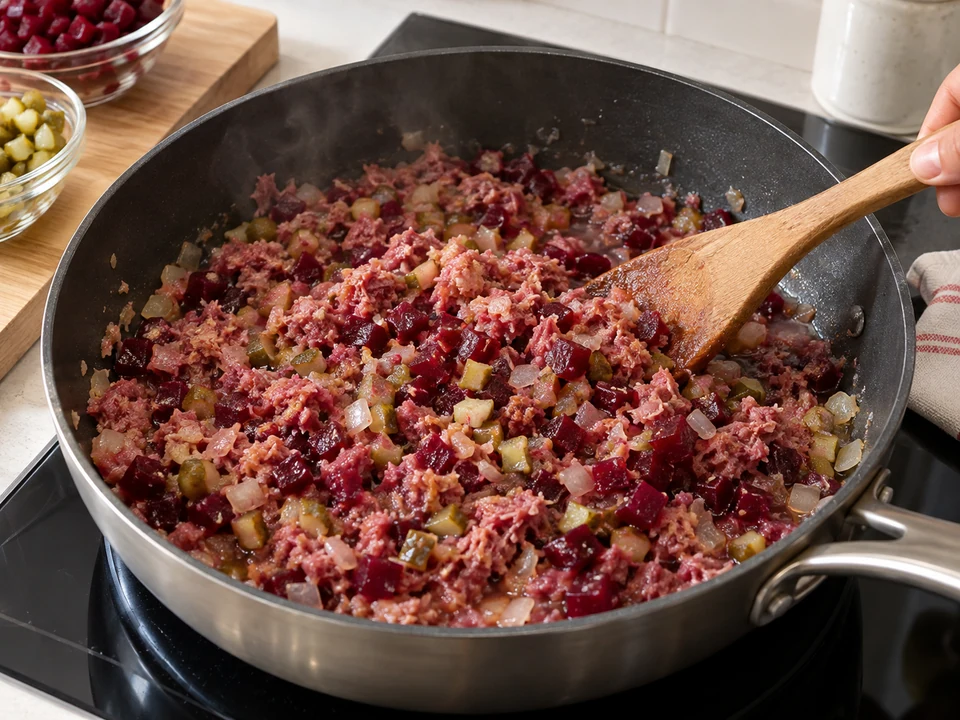 Corned Beef mit Zwiebel, gehackter Roter Bete und Gurken erhitzen.