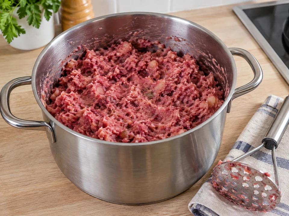 Kartoffeln von Hand stampfen und mit der heißen Fleischmischung verbinden.