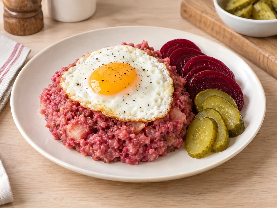 Jede Portion mit einem Ei sowie Roter Bete und Gurke servieren.