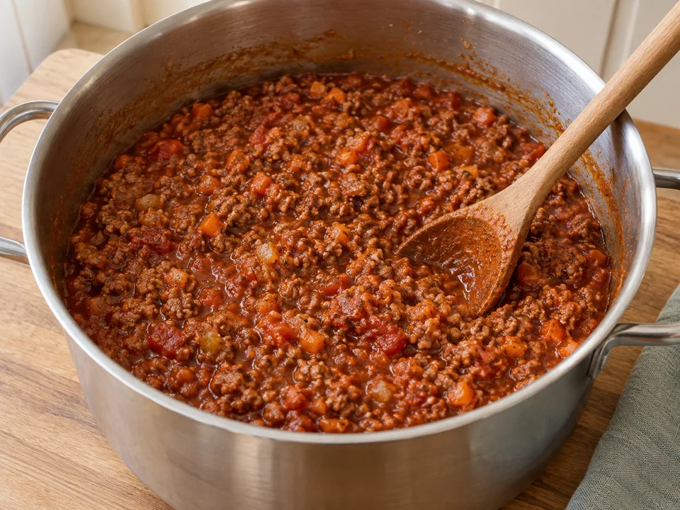 Das Ragù ist eingekocht: fein zerkleinertes Rinderhack und Gemüse liegen in einer noch saftigen Tomatensauce.