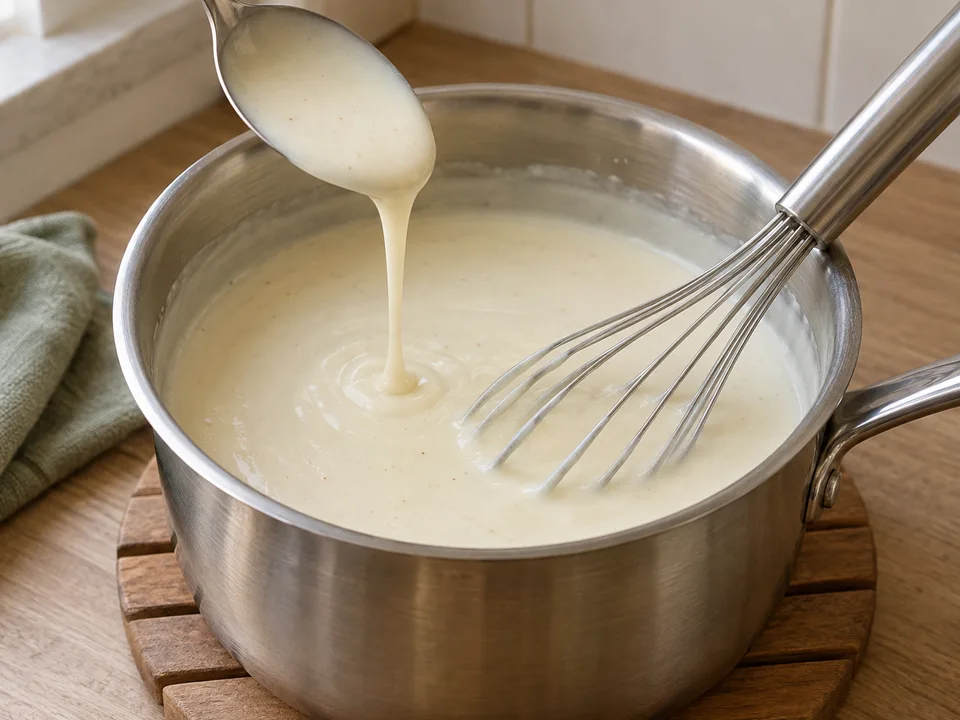 Die Béchamel ist glatt und noch gut fließend. Die Milch wird nach und nach mit dem Schneebesen eingerührt.