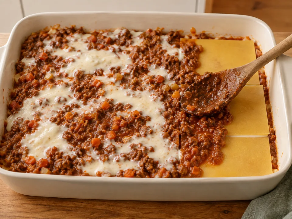 Beim Schichten werden die trockenen Lasagneplatten vollständig mit Ragù und Béchamel bedeckt; oben schließt später Béchamel mit Parmesan ab.